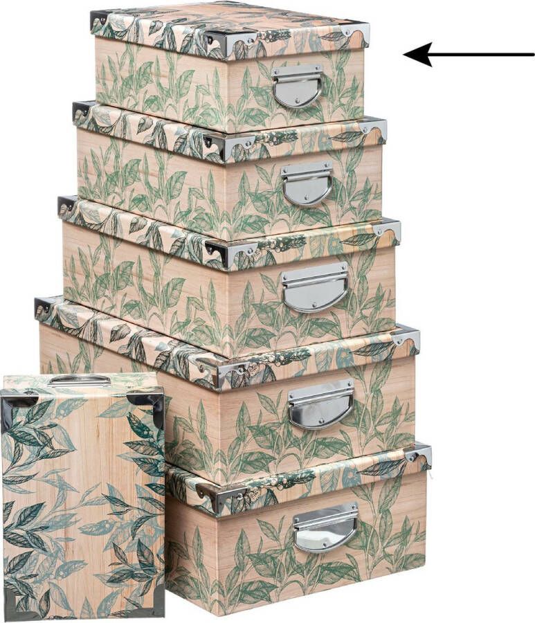 5five Opbergdoos box Green leafs print op hout L32 x B21.5 x H12 cm Stevig karton Leafsbox