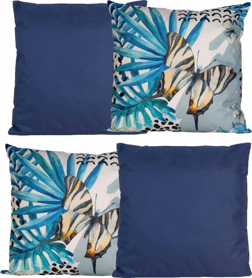 Anna&apos;s Collection Bank tuin kussens set voor binnen buiten 4x stuks donkerblauw tropical print 45 x 45 cm Sierkussens