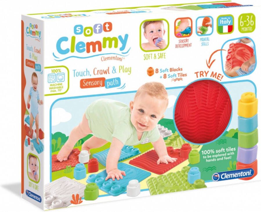 Clementoni Soft Clemmy Sensory Path Speelkleed Baby Speelmat met Blokken 8 Stapelblokken 6-36 maanden