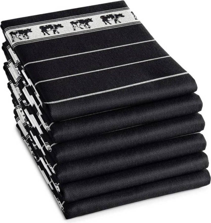 DDDDD Zwart Bont Theedoek Set van 6 Katoen Print van Koe 60x65 cm Zwart-wit