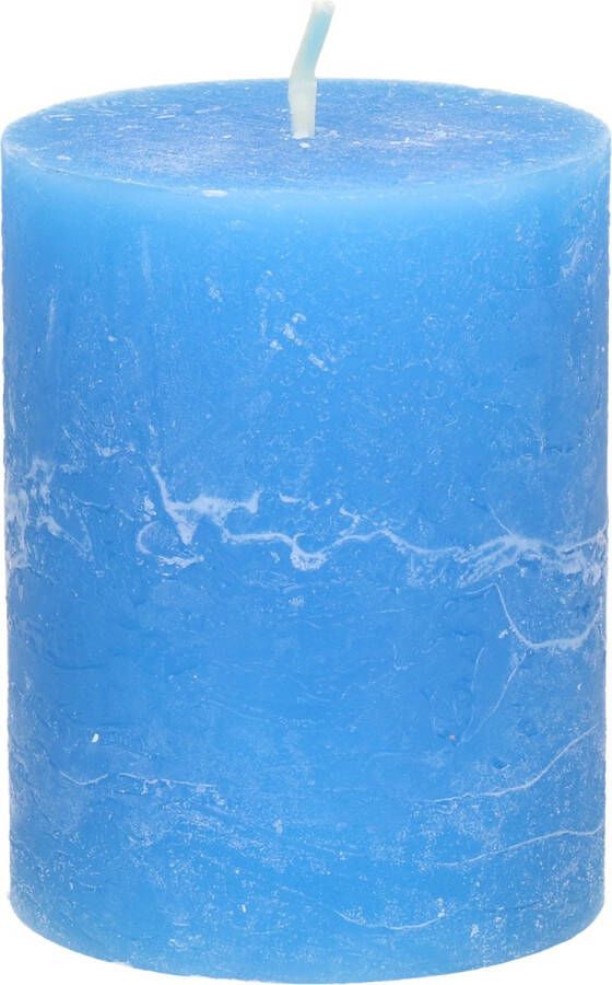 Merkloos Stompkaars cilinderkaars helder blauw 7 x 9 cm middel rustiek model Stompkaarsen