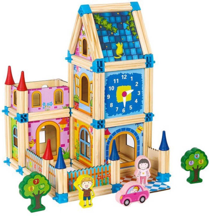 ECOTOYS 128-delige houten constructie blokken voor het bouwen van een 6 in 1 toren Montessori speelgoed Houten speelgoed Vanaf 36 maanden