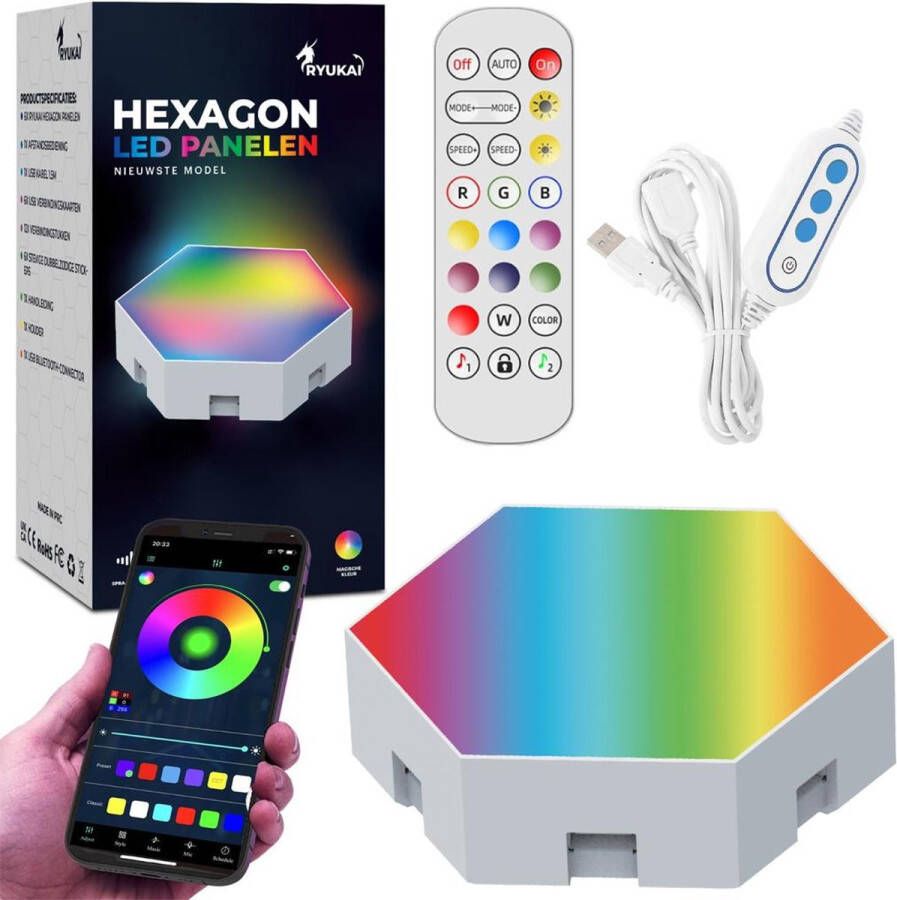 RYUKAI Hexagon LED Hexagon LED Panelen App en Afstandbediening RGB LED Verlichting 16 Miljoen Kleuren Wandlamp Binnen 6 Stuks Wit