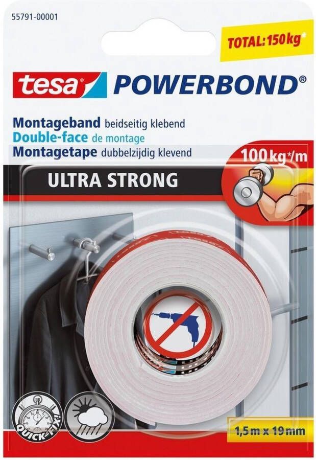 Tesa Powerbond montagetape extra sterk 19 mm x 1 5 m Dubbelzijdige tape Klustape
