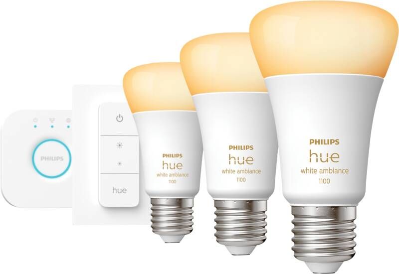 Philips Hue Starterspakket E27 Lichtbron met Bridge en Dimmer Switch warm tot koelwit licht 3 x 9 5W Bluetooth