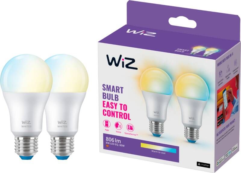 WiZ Lamp 2 pack Slimme LED Verlichting Warm- tot Koelwit Licht E27 60W Mat Wi-Fi