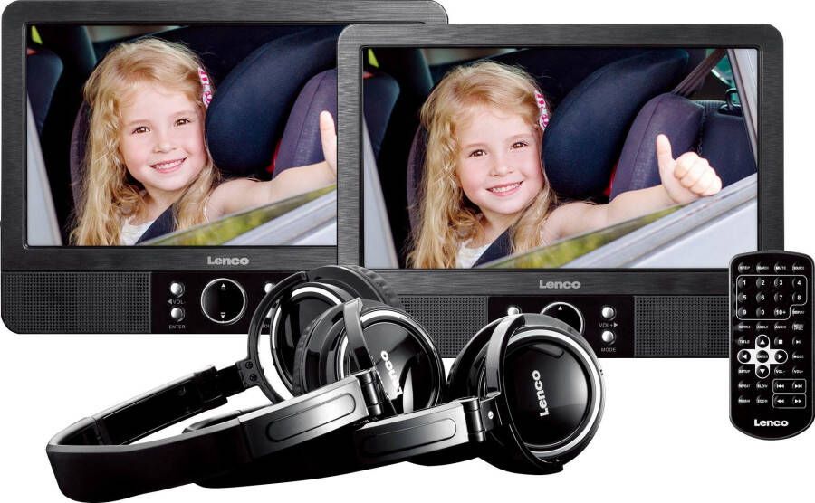 Lenco 9 Dubbel scherm Portable DVD-speler met hoofdtelefoon en brackets Zwart