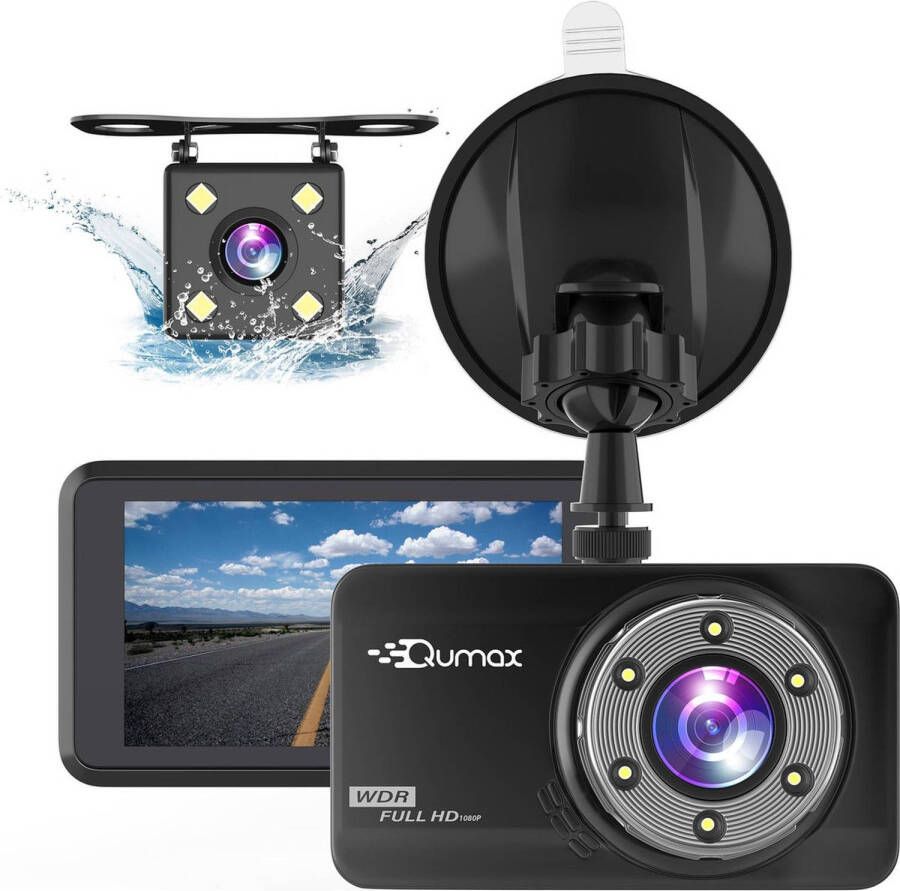 Qumax Dashcam voor auto Voor en Achter Camera Full HD Parkeerstand met ingebouwde G-sensor IPS-display 170°