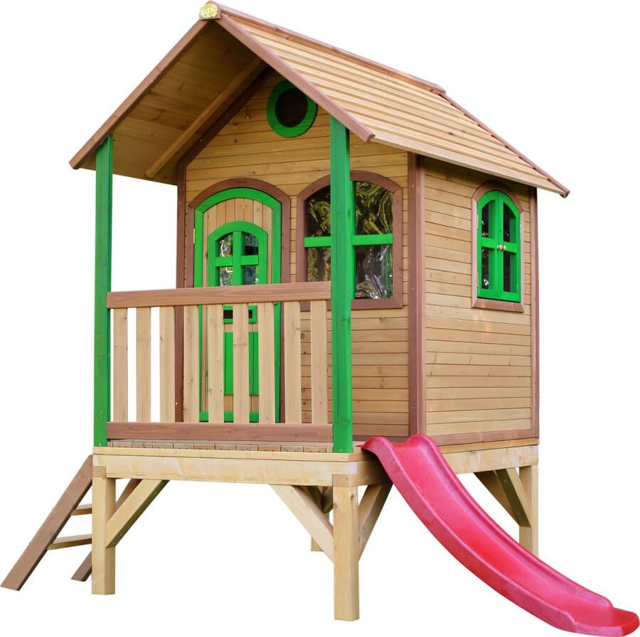 AXI Tom Speelhuis in Bruin Groen Met Verdieping en Rode Glijbaan Speelhuisje voor de tuin buiten FSC hout Speeltoestel voor kinderen