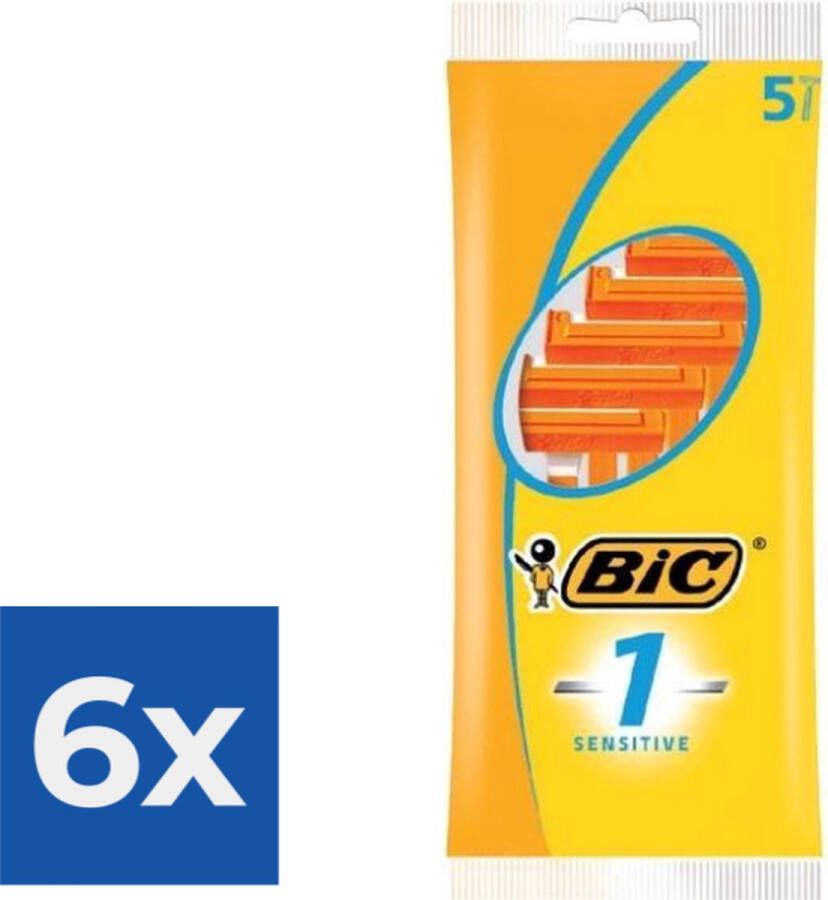 BIC 1 Sensitive Wegwerpscheermesjes Voor Heren Met Een Enkel Mesje En Vaste Kop Pak van 5 Stuks Voordeelverpakking 6 stuks