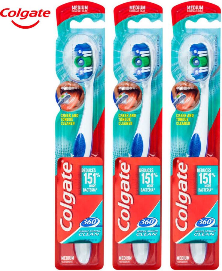 Colgate Whole Mouth Clean 360° Tandenborstels Medium 3 Stuks Tandenborstel en Tongreiniger Ervaar Optimale Tandverzorging