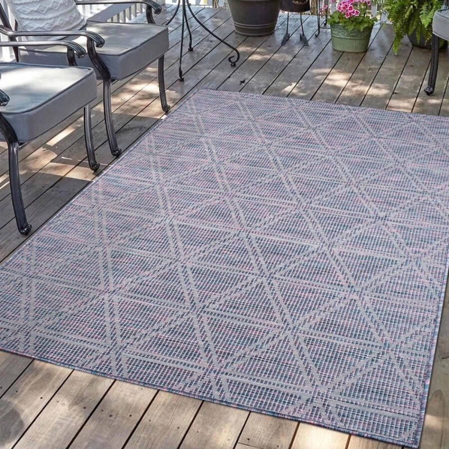 Flycarpets Hilaria Buitenkleed Geruit Voor Binnen & Buiten Vloerkleed Paars Roze Blauw 150x150 cm