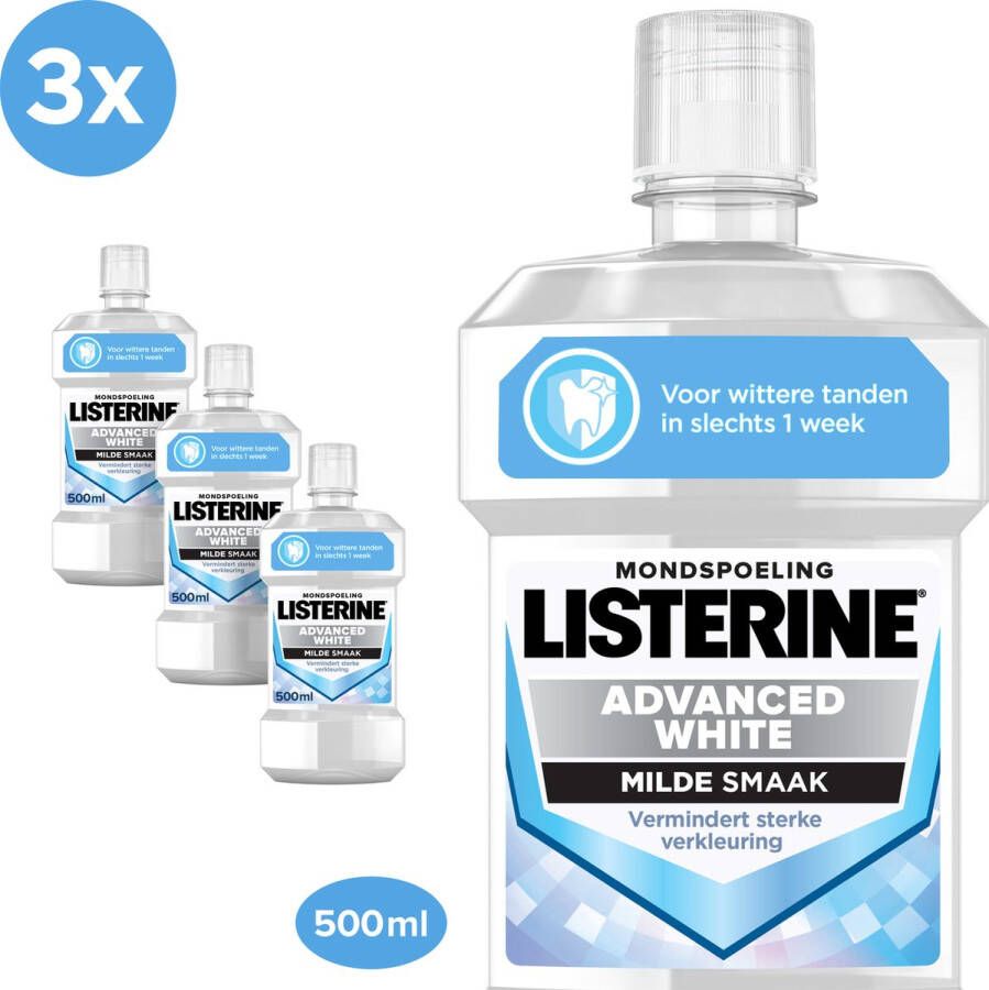 Listerine Advanced White Milde Smaak mondspoeling verwijdert sterke verkleuring voor wittere tanden in slechts 1 week 6 x 500 ml