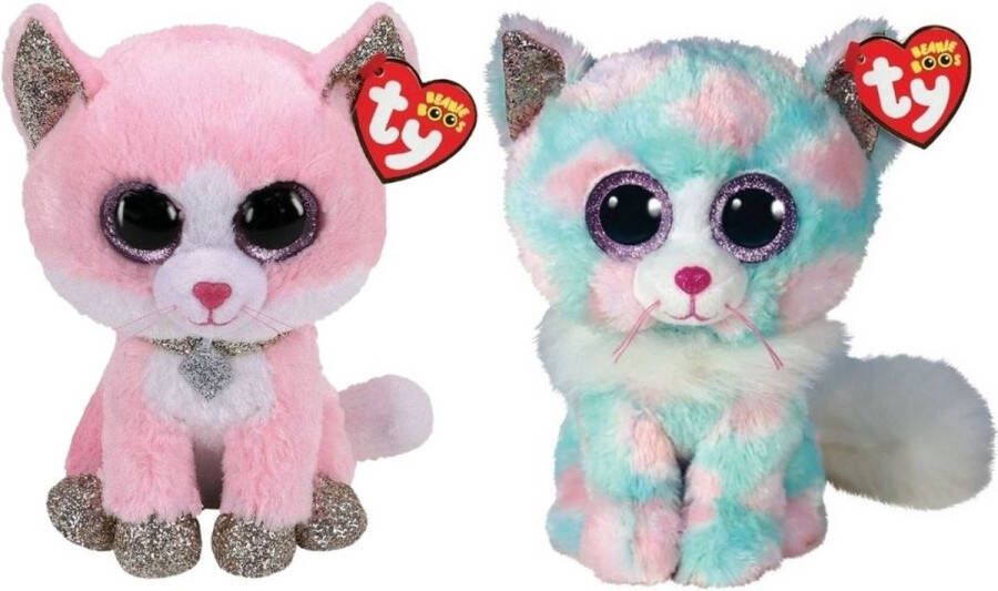 Ty Knuffel Beanie Boo&apos;s Fiona Pink Cat & Opal Cat