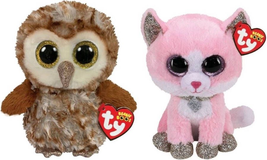 Ty Knuffel Beanie Boo&apos;s Percy Owl & Fiona Pink Cat